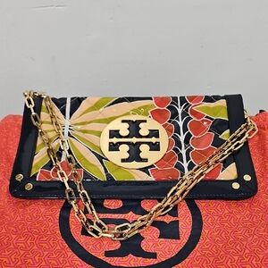 Tory Burch Black Floral Quilted Chain Clutch with Gold Logo